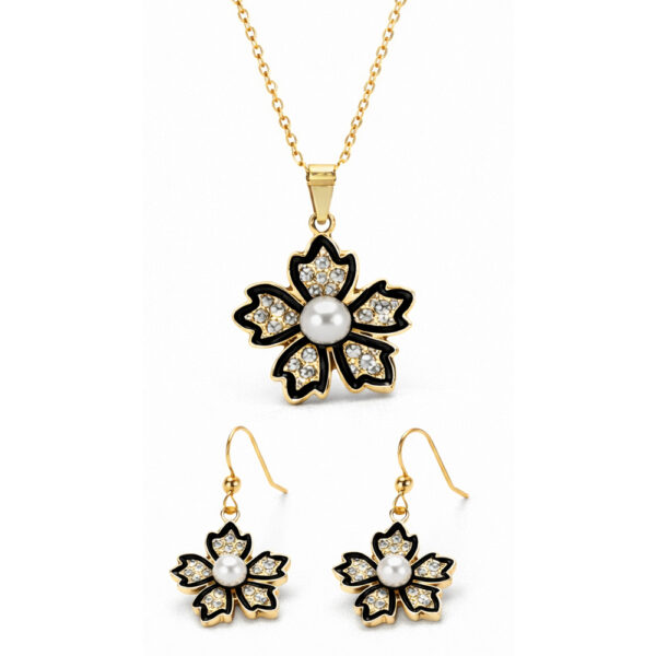 Sakura Blossom Jewellery Set – Gold Tone Flower Pendant Necklace with Matching Earrings