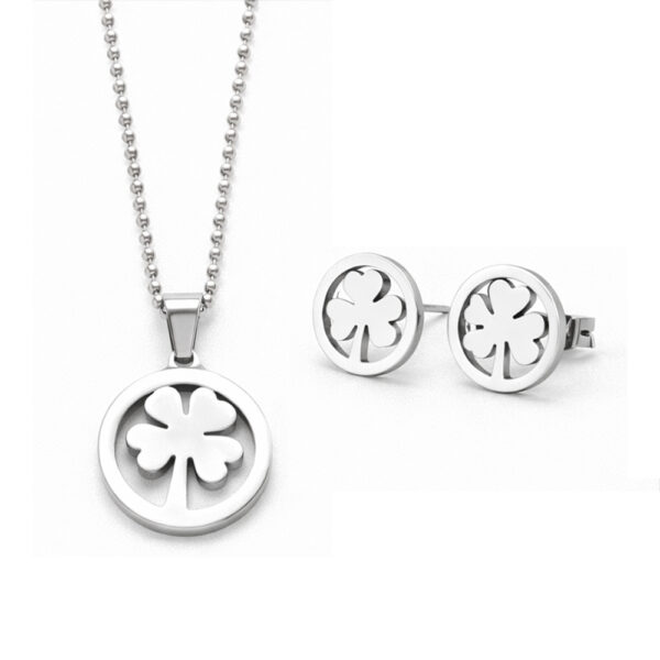 Elegant Clover Leaf Silver Necklace & Earrings Set – Minimalist Four Leaf Clover Jewellery for Women