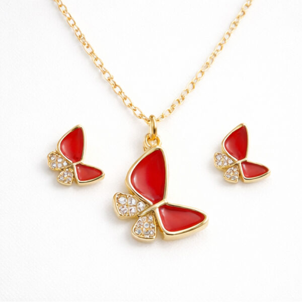 Elegant Butterfly Pendant & Earring Set – Gold Finish with Red Enamel & Crystal Accents